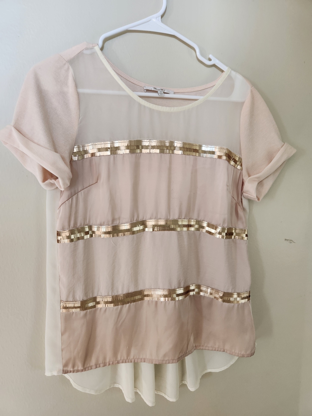 Miss Me Blush Pink Sheer Top with Gold Sequin Stripes S Small